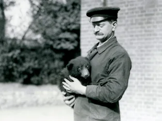 Un guardiano tiene un cucciolo di orso bradipo allo zoo di Londra, agosto 1921